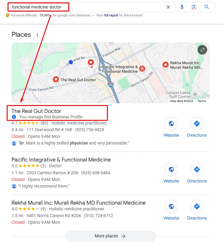 Google Maps local pack showing the practice ranking first for functional medicine doctor