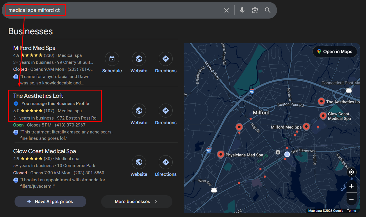 Google Maps ranking proof for medical spa milford ct